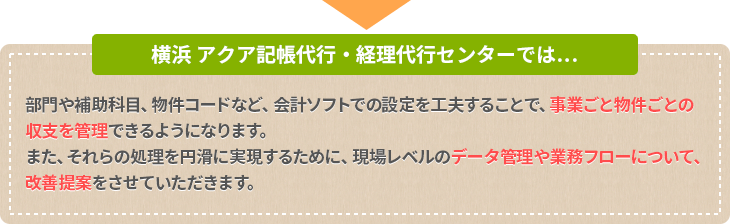 横浜 アクア記帳代行・経理代行センターでは… 部門や補助科目、物件コードなど、会計ソフトでの設定を工夫することで、事業ごと物件ごとの収支を管理できるようになります。 また、それらの処理を円滑に実現するために、現場レベルのデータ管理や業務フローについて、改善提案をさせていただきます。